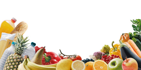 Assortment of fresh groceries and copy space