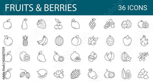Set of 36 line berries and fruits icons. Outline signs collection for food store. Editable Strokes.