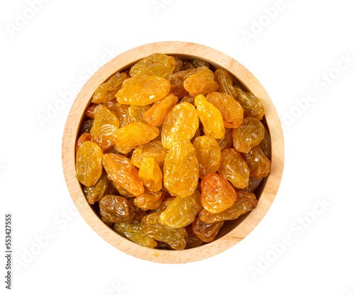 Yellow golden raisins in wood bowl isolated on transparent png