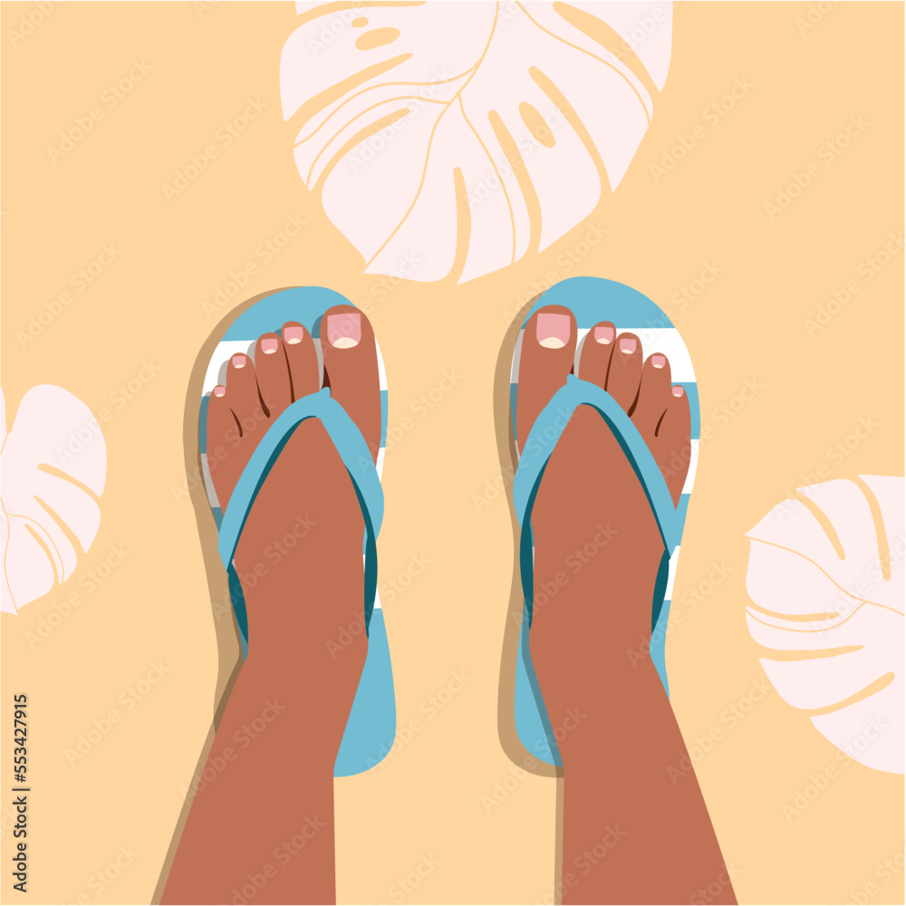 A pair of female legs with a pedicure in beach slippers. Beach shoes. Color  slippers. Female stands in flip-flops, cartoon style. Summer vacation and  relaxation. Illustration flat design. 19782122 Vector Art at