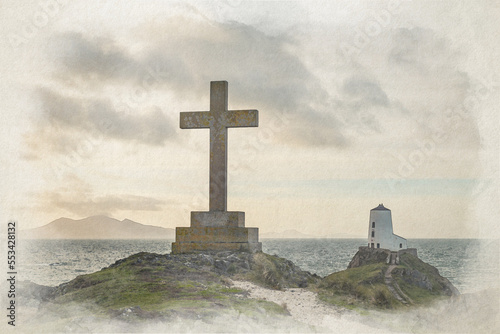 Digital watercolor painting of Llanddwyn island lighthouse, Twr Mawr at Ynys Llanddwyn.