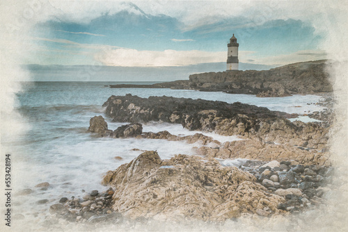 Digital watercolor painting of Trwyn Du lighhouse at Penmon Point.