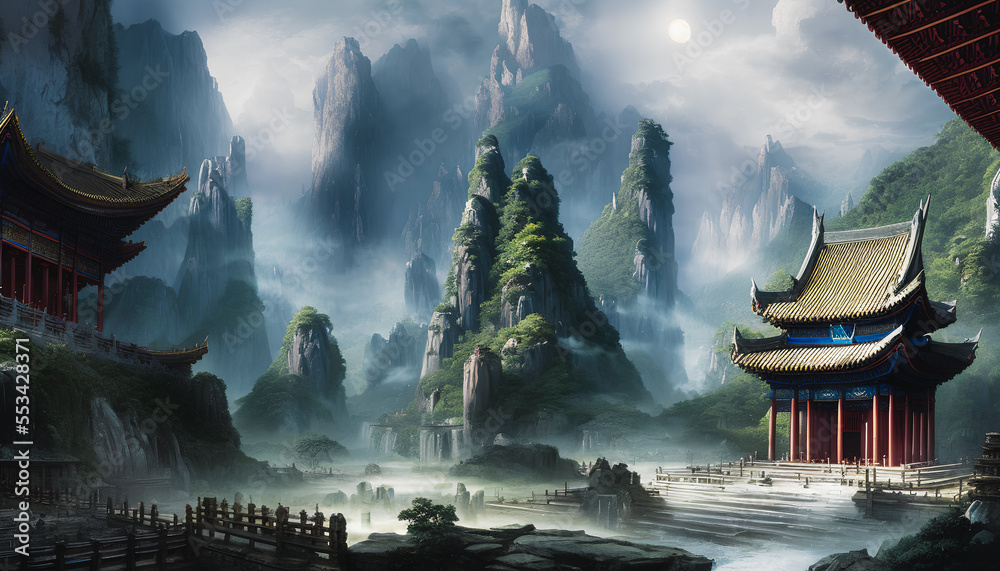 Painting of an ancient temple in the dramatic landscape.