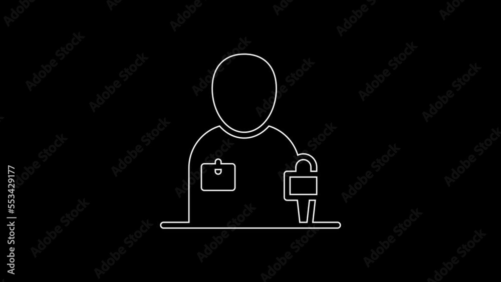 White line Journalist news reporter with microphone icon isolated on black background. 4K Video motion graphic animation White line Journalist news reporter with microphone icon isolated on black background. 4K Video motion graphic animation