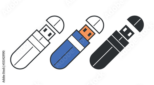 Flash drive flat icons, set usb data storage devices. Computer equipment icons
