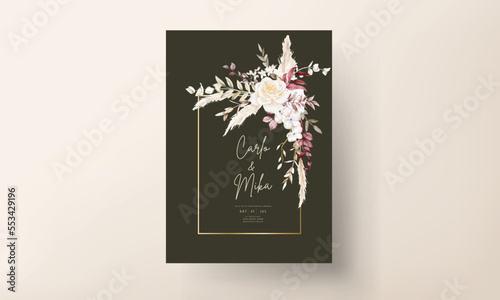Watercolor wedding invitation template with maroon and peach floral