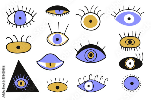 Hand drawn evil eyes. Creative vector collection with various talismans. Abstract doodle eye shapes. The eye of providence. Esoteric elements