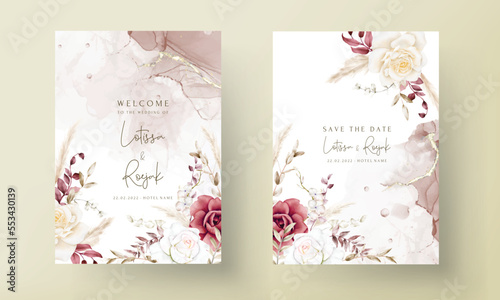 Double sided wedding invitation template with boho watercolor flower