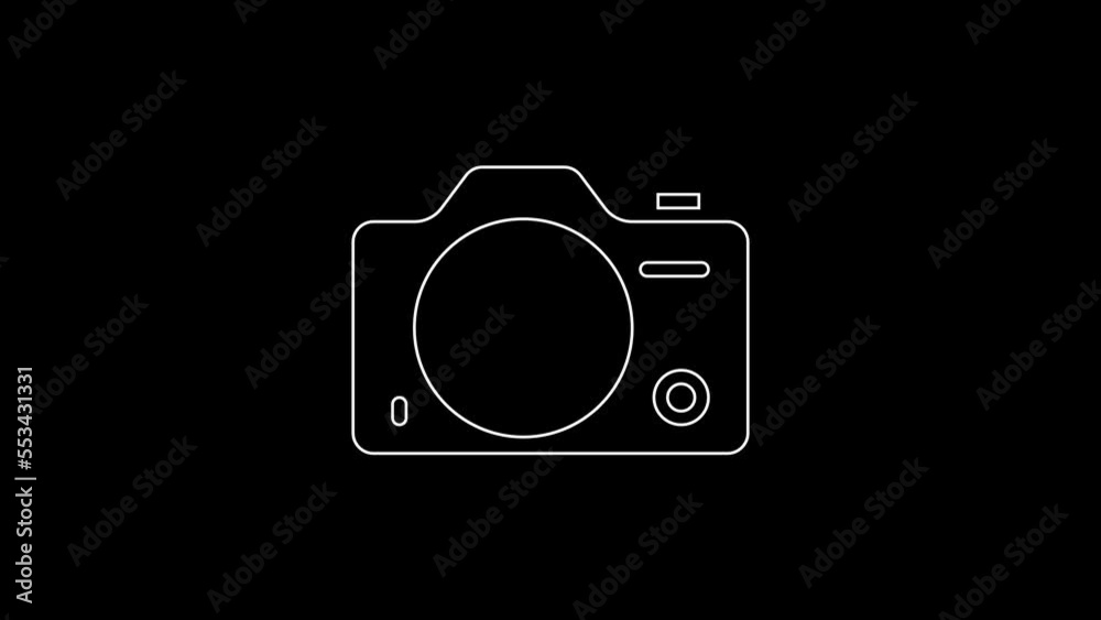 White line Photo camera icon isolated on black background. Foto camera. Digital photography. 4K Video motion graphic animation