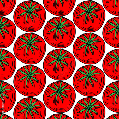 Seamless pattern of red hand drawn tomatoes, tomato slices on a white background. Vector illustration