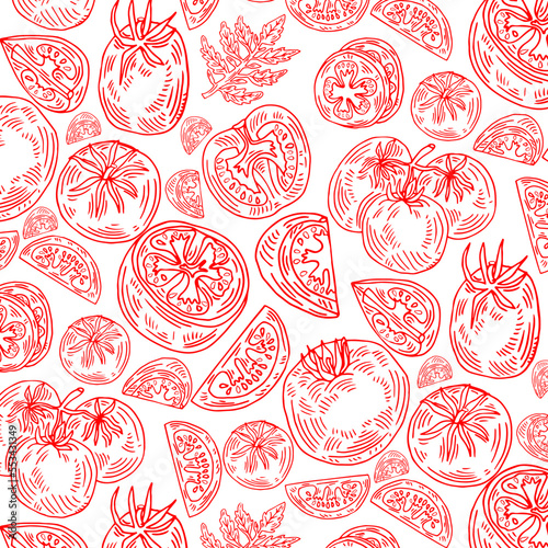 Seamless pattern of red hand drawn tomatoes, tomato slices on a white background. Vector illustration