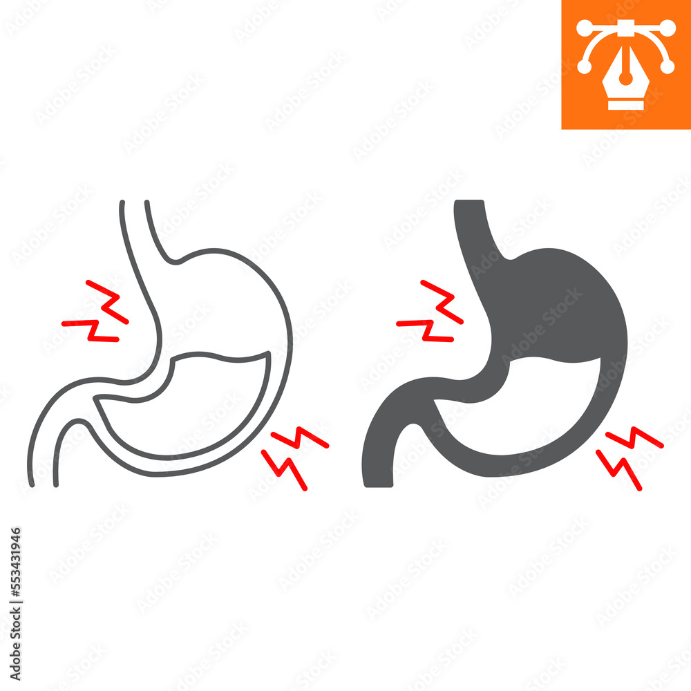 Gastritis line and solid icon, outline style icon for web site or mobile app, disease and anatomy, stomach pain vector icon, simple vector illustration, vector graphics with editable strokes. Gastritis line and solid icon, outline style icon for web site or mobile app, disease and anatomy, stomach pain vector icon, simple vector illustration, vector graphics with editable strokes.