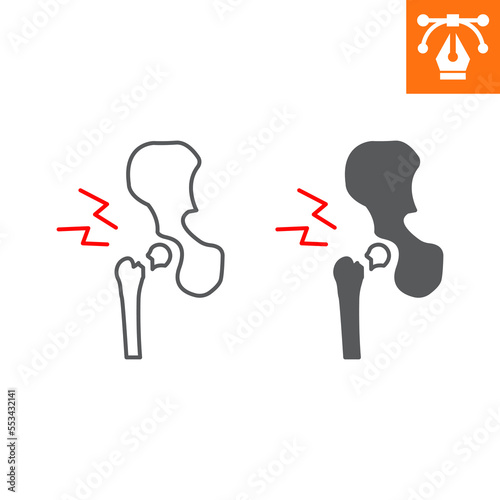 Hip fracture line and solid icon, outline style icon for web site or mobile app, pelvis and pain ,bone fracture vector icon, simple vector illustration, vector graphics with editable strokes.