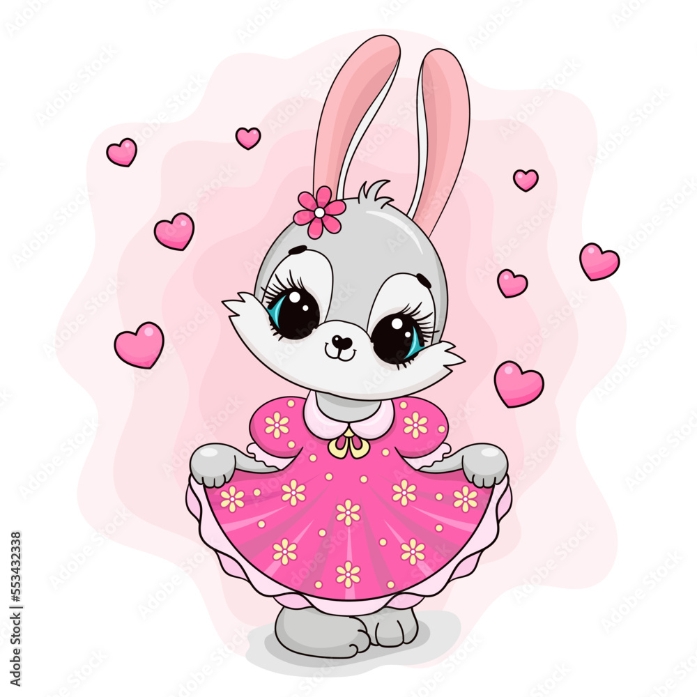 Cute bunny girl in a pink dress. Children's theme. For the design of prints, posters, stickers, cards and so on. Vector