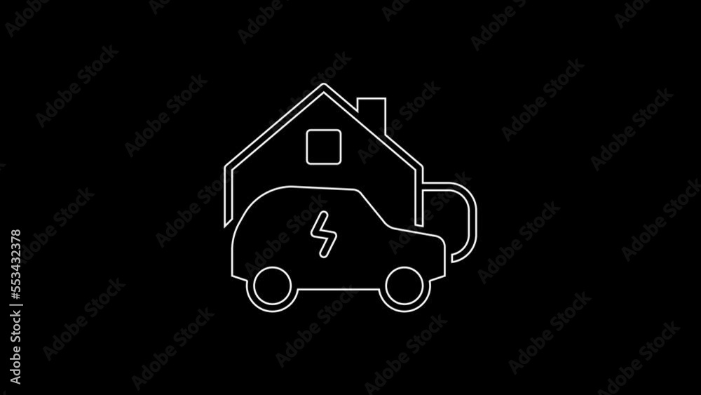 White line Electric car parking charging at home wall box charger station on house icon isolated on black background. 4K Video motion graphic animation White line Electric car parking charging at home wall box charger station on house icon isolated on black background. 4K Video motion graphic animation