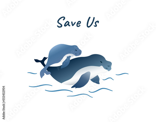 sea cow family in ocean for global warming campaign vector
