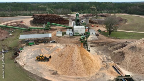 Tractors load ground pulp from tree trunks. Large forestry logging operation. Aerial view. photo