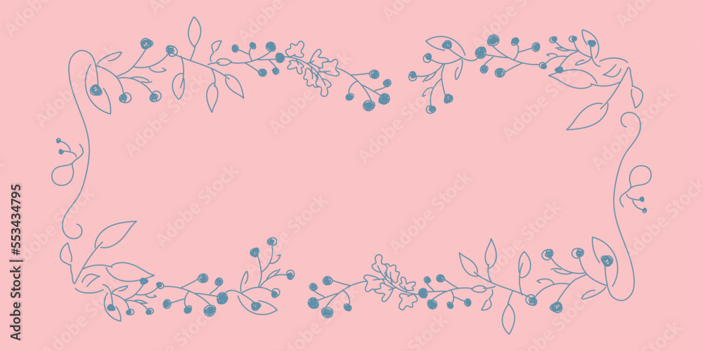 Vector. Merry Christmas and Happy New Year floral background, copy space for text. Rustic horizontal frame template for Christmas cards, wedding invitations, party invitations. Hand-drawn sketch.