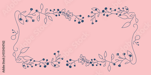 Vector. Merry Christmas and Happy New Year floral background, copy space for text. Rustic horizontal frame template for Christmas cards, wedding invitations, party invitations. Hand-drawn sketch.