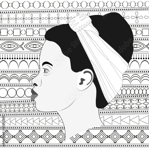 Girl head with shawl on  
ornament background for coloring book. Vector illustration