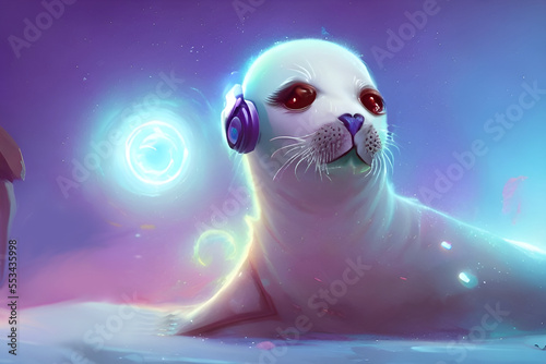 foca bianca che con cuffie musica, generative ai photo