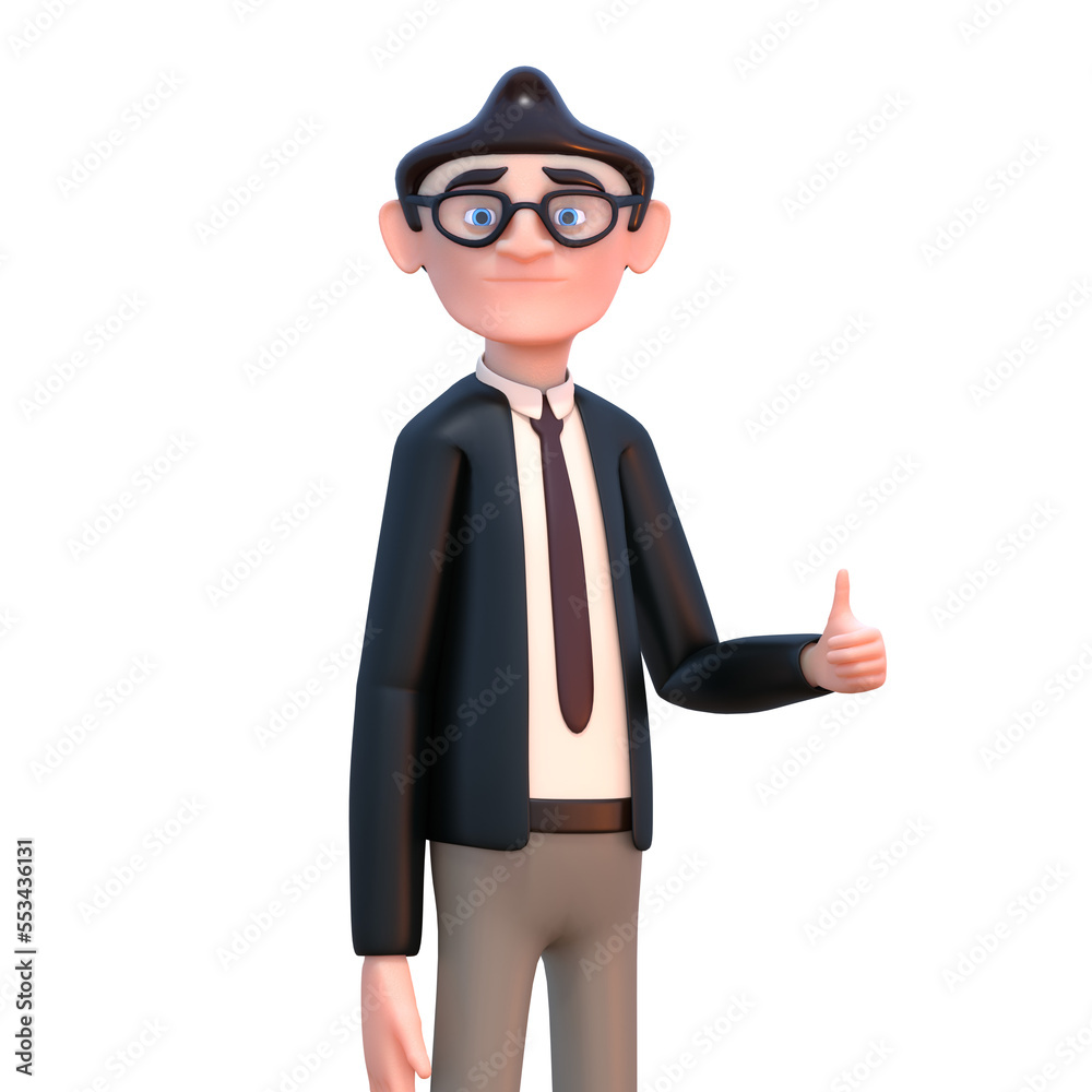 3d render of businessman in black suit showing thumbs up gesture