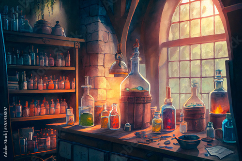Scientific laboratory. Medieval science laboratory. Fantasy lab with different glassware and solutions, generative ai illustration