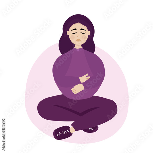 Woman sitting and feeling pain in stomach. Belly ache and menstrual symptoms.