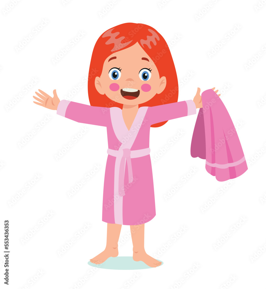 Little boy wearing bathrobe standing with towel vector image Little boy wearing bathrobe standing with towel vector image