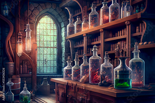 Scientific laboratory. Medieval science laboratory. Fantasy lab with different glassware and solutions, generative ai illustration photo