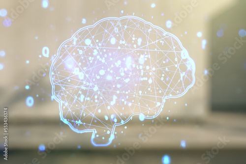 Double exposure of creative human brain microcircuit hologram on contemporary business center exterior background. Future technology and AI concept