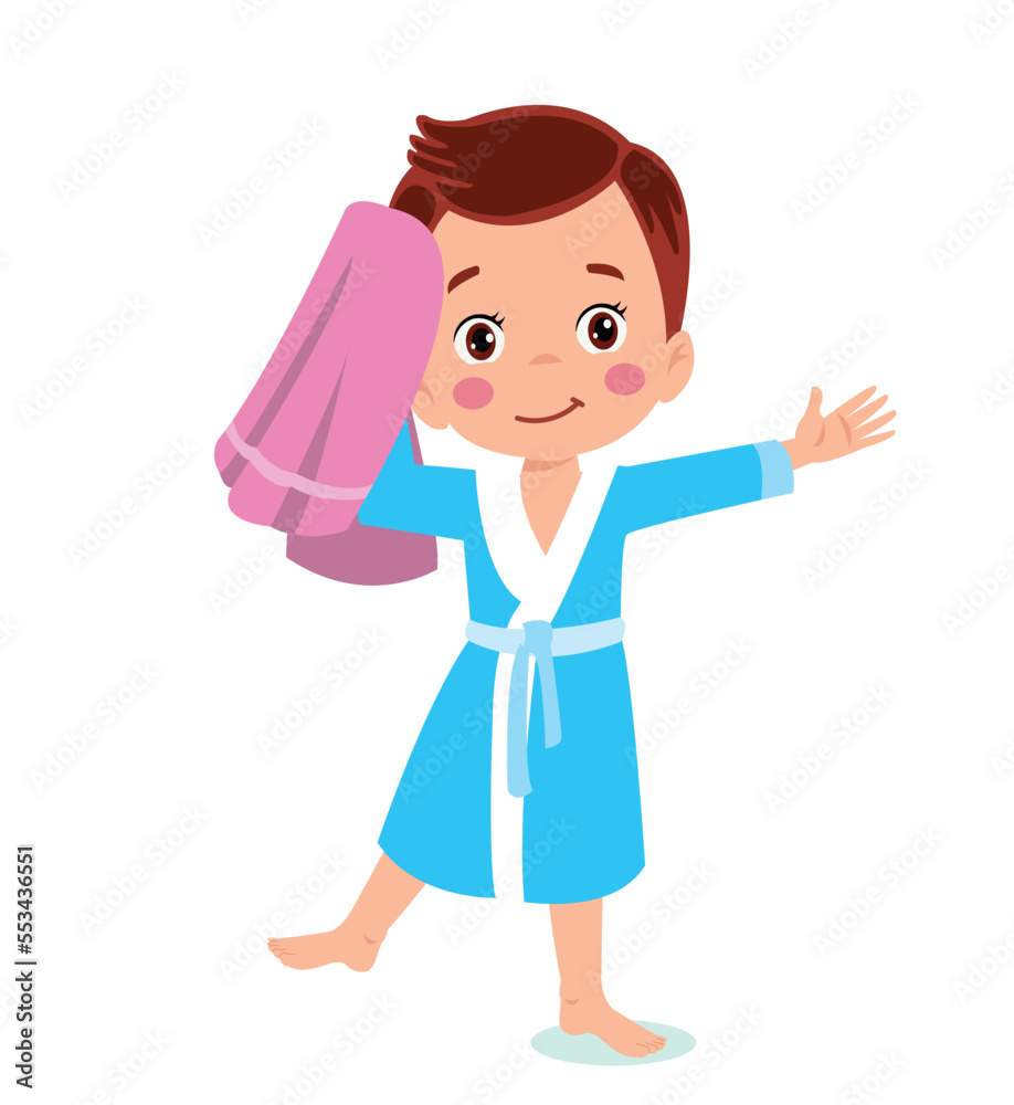 Little boy wearing bathrobe standing with towel vector image Little boy wearing bathrobe standing with towel vector image
