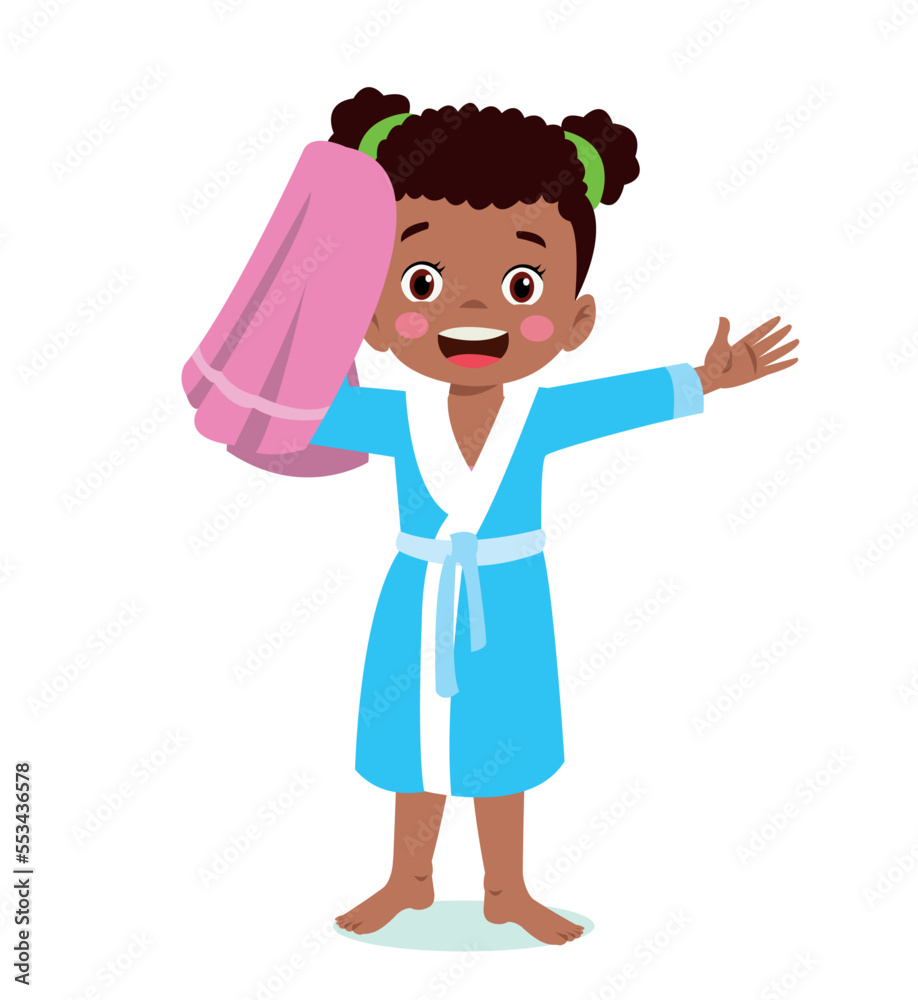 Little boy wearing bathrobe standing with towel vector image Little boy wearing bathrobe standing with towel vector image