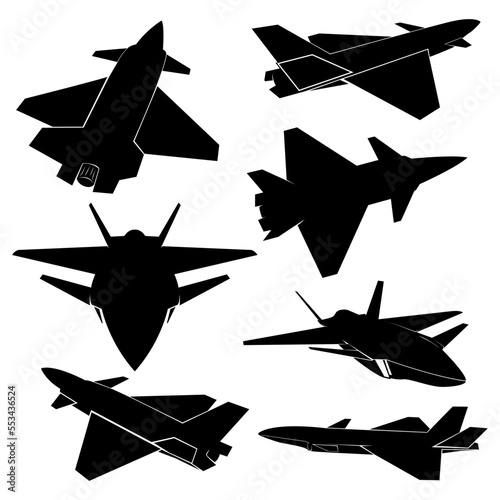 plane vector illustration without getting up, fighter plane. a collection of fields with various angles. black flat design. photo