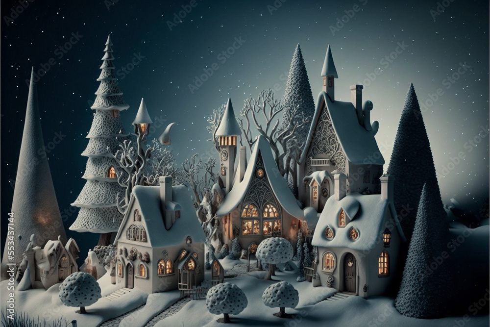 Fairytale, magic Christmas village with magic castles and snow. Digital art
