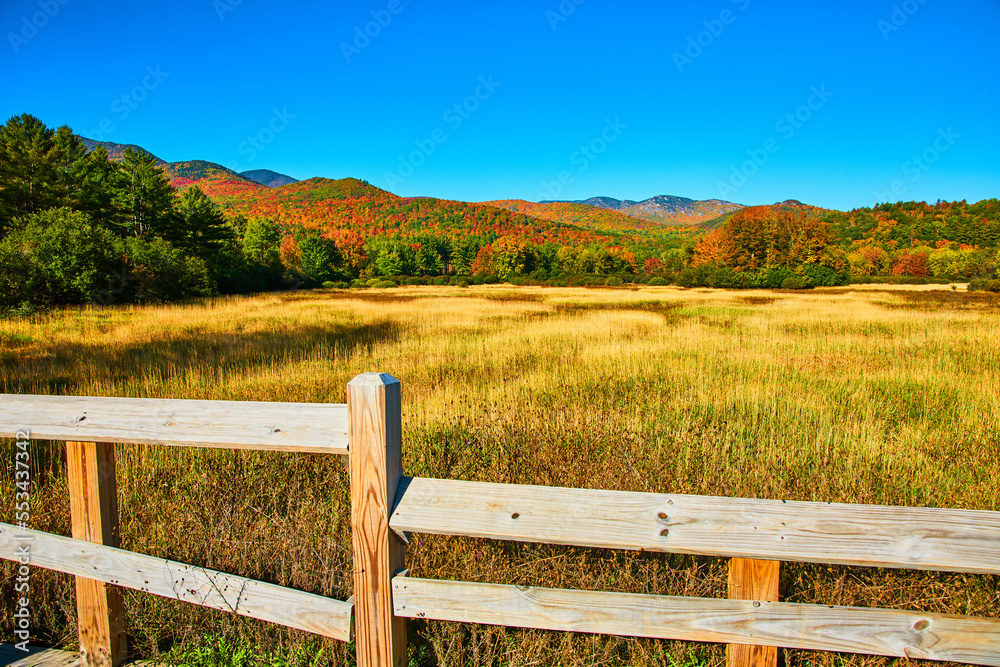 Fence next to yellow fields and huge colorful peak fall mountains in New York Fence next to yellow fields and huge colorful peak fall mountains in New York