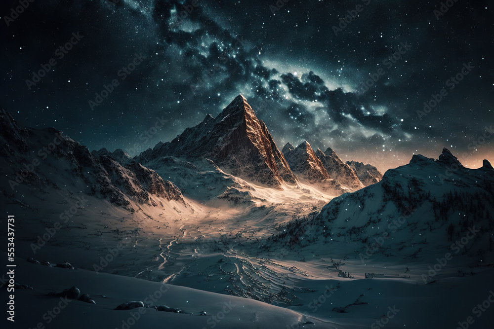 snow covered mountains,mount hood state,snow covered mountain,snow covered mountains in winter,mountains in the night,landscape in the night,the galaxy