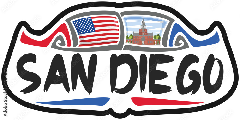 San Diego USA United States Flag Travel Souvenir Sticker Skyline Logo Badge Stamp Seal Emblem Vector