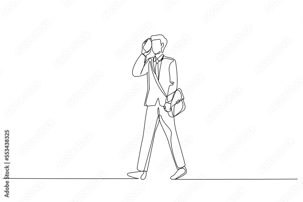 Drawing of businessman walking in the city talking on cell phone. Single continuous line art style
