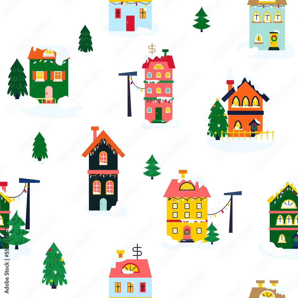 Beige Winter Houses Seamless Pattern. Illustration of Seasonal Greetings. Holiday Celebration.