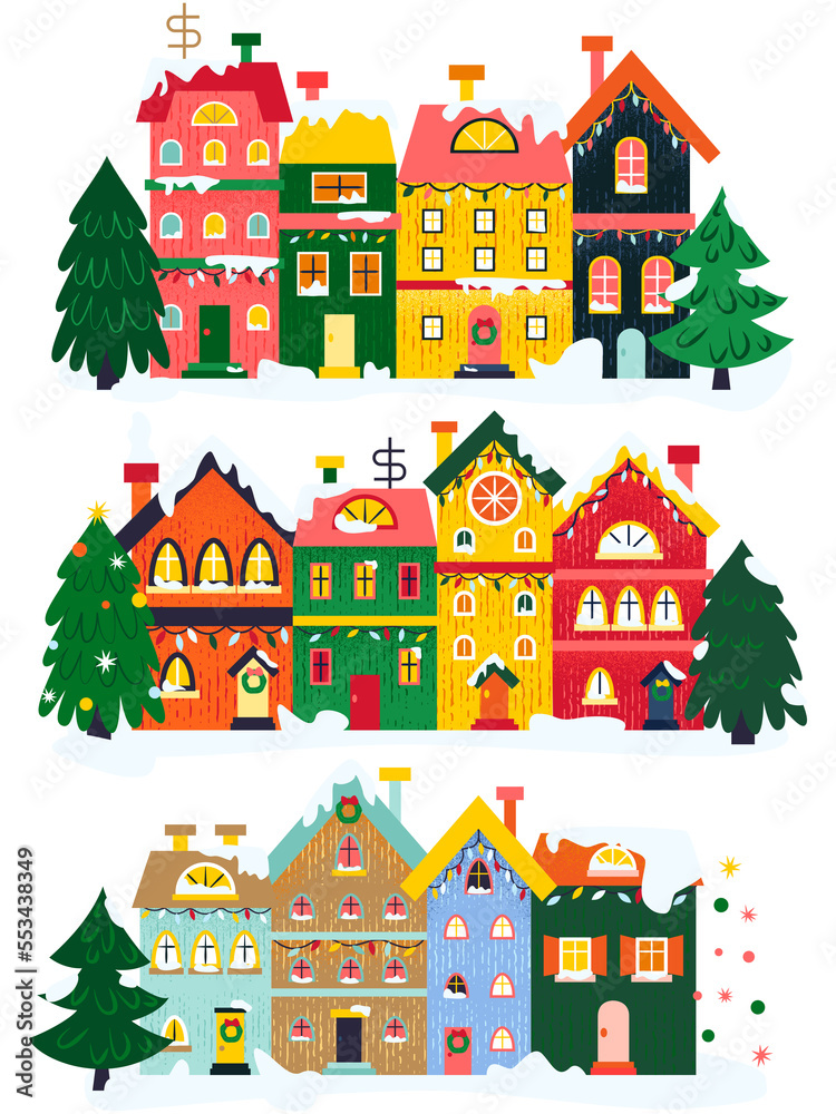 Winter Houses Poster. Illustration of Seasonal Greetings. Holiday Celebration.