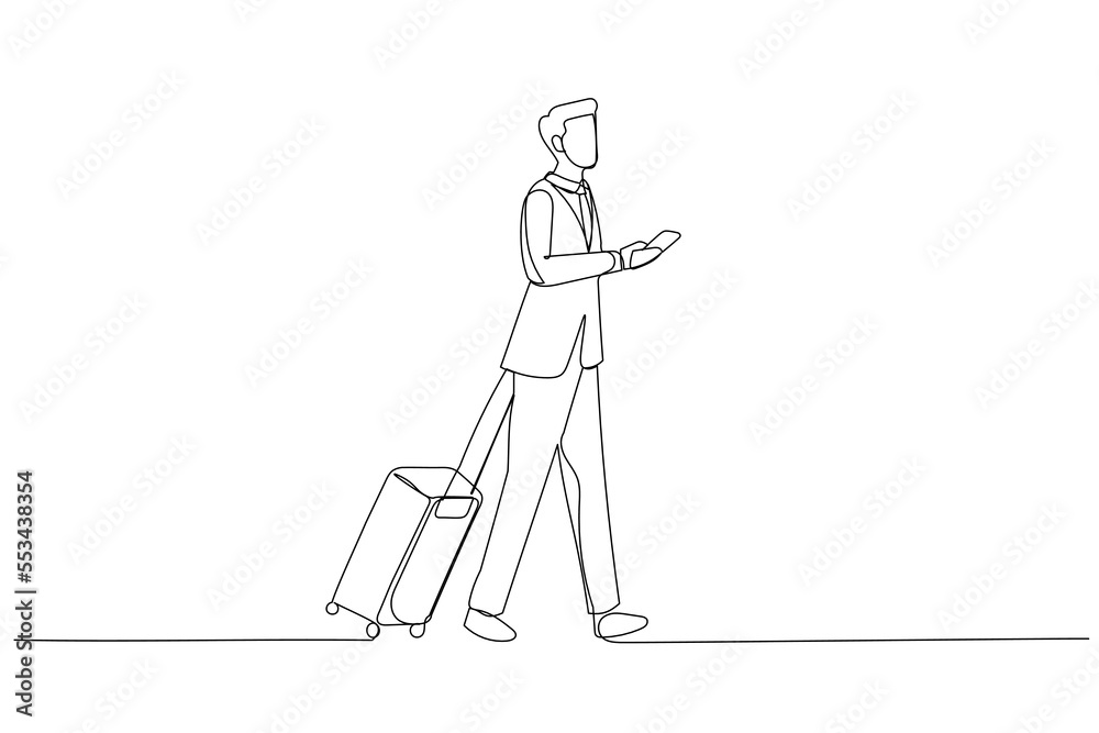 Drawing of young traveler businessman walk outside at international airport with suitcase. Single continuous line art style