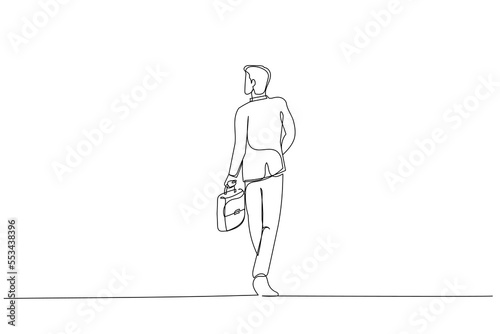 Illustration of walking businessman holding a briefcase and looking to his side. Single continuous line art style