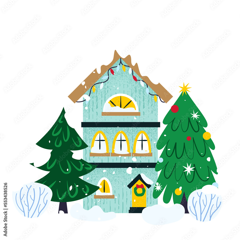 Winter Merry Christmas House. Illustration of Greeting Card Holiday.