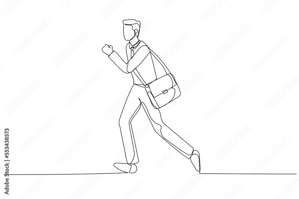 Illustration of businessman looking forward while running along the street. Single line art style