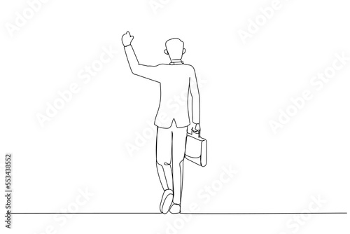 Drawing of businessman in suit holding fist in the air and celebrating, holding suitcase and walking. Single continuous line art style