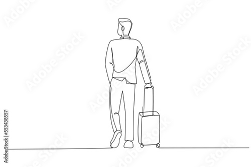 Cartoon of businessman in suit dragging suitcase luggage bag in the airport. One line art style