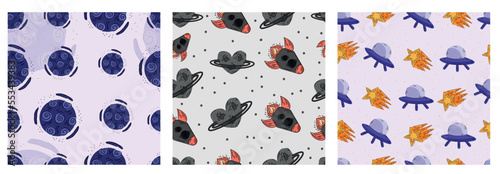 A set of patterns with drawn elements on the theme of space.