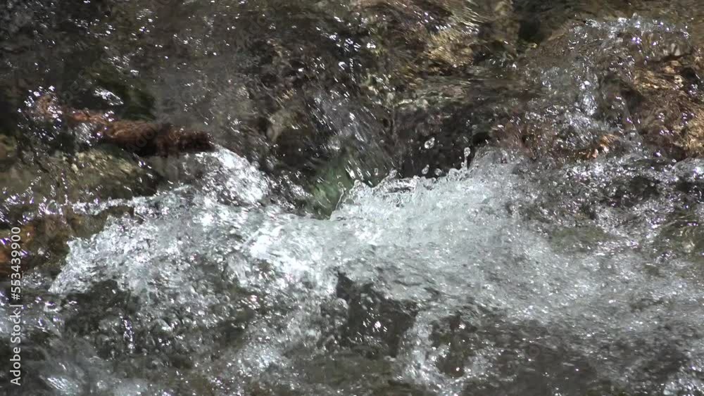 River Water Closeup in Mountains, Clear Spring Fresh Waterfall, Transparent Alpine Stream Waves, Crystalline Brook, Crystal Drops River Water Closeup in Mountains, Clear Spring Fresh Waterfall, Transparent Alpine Stream Waves, Crystalline Brook, Crystal Drops