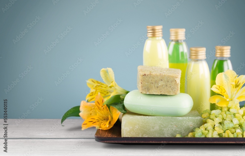 Set of organic bath accessories and soap, towel Set of organic bath accessories and soap, towel